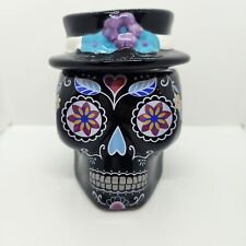 Vintage Glazed Pottery Ceramic Cookie Jar Day Of The Dead Detailed Skull Retro picture