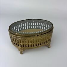 Vintage Gold Tone Filigree Beveled Glass Footed Casket Jewelry Trinket Box picture