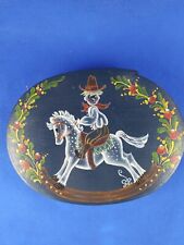 Vintage Hand Painted Oval Wooden Small Shaker Box Folk Art CowBoy On Horse picture