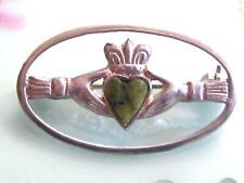 MIDCENTURY IRISH 925 TJH STERLING SILVER CONNEMARA MARBLE CLADDAGH PIN BROOCH picture