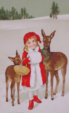 1913 Deer Child Santa Claus Marie Flastcher Antique Vintage New Year Postcard picture