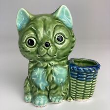 Cat Figurine Toothpick Holder c1960 Norleans Japan Meito Porcelain Green Vintage picture