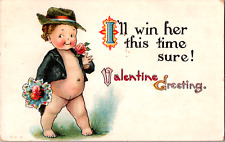 Vintage C 1910 Hopeful Chubby Young Boy Giving Flowers Cupid Valentine Postcard picture