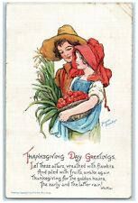 1913 Thanksgiving Greetings Couple Apple Corn Whittier Brundage Antique Postcard picture