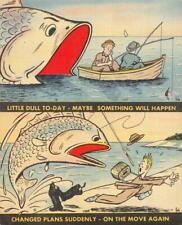 Two FISH EXAGGERATION COMICS   When Fish Attack   *2* c1940's Linen Postcards picture
