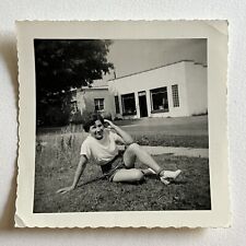 Vintage B&W Snapshot Photograph Beautiful Young Woman In Grass Plaid Skort picture