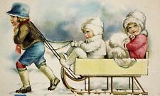 c.1910 Children and Sleigh Christmas Postcard Color Lithograph #90 picture