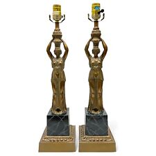 Vintage Pair of Alsy Figural Women Gold Cast Metal Faux Marble Base Table Lamps picture