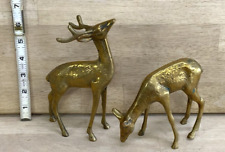 Vintage Brass Deer Figurine Statues Buck & Doe Christmas Reindeer LOT SET OF 2 picture