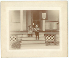 CIRCA 1890'S RARE CABINET CARD Adorable Sister & Brother on Front Porch of Home picture