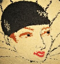 Stunning Antique Stumpwork Hooked Wool Lg Round Pillow Flapper Woman Glass Eyes picture