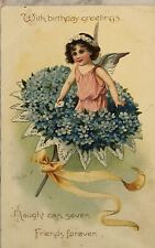 Postcard Vintage Birthday Greeting Embossed Girl Angel Blue Flowers picture