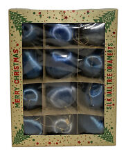 12 VTG MCM Silk Ball Christmas Tree Ornaments Original Box Holiday Blue picture