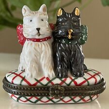Vintage Miniature Keepsake Porcelain Trinket Box Scottish Terrier Pair Christmas picture