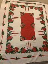 Vtg Mid Century Cotton Print Christmas Tablecloth Poinsettias Candlesticks Red  picture