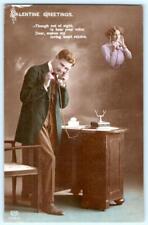 1913 RPPC VALENTINE GREETINGS HANDCOLORED ROMANTIC COUPLE ON TELEPHONES POSTCARD picture