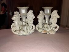 Pair Of USA Made White Sea Life Embellished 24% Lead Crystal Candle Holders picture