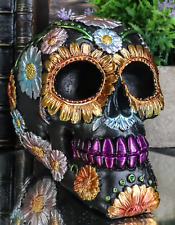 Ebros Black Day of The Dead Floral Blooms Sugar Skull Figurine DOD Skulls Statue picture