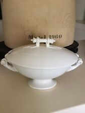 Vintage Antique White Ironstone Small Covered Tureen Farmhouse Rope Design Chip picture