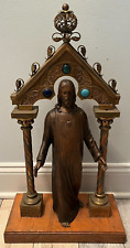 VERY RARE EARLY VINTAGE HEAVY BRONZE SACRED HEART JESUS STATUE W/ SHRINE WOW picture