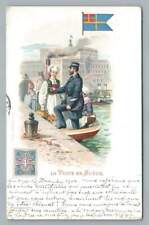 Swedish Postman at Boat Quay ~ Antique French Philatelic Sweden Postcard 1904 picture
