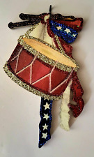 RED DRUM w RED, WHITE & BLUE RIBBONS, STARS  - Glitter JULY 4 PATRIOTIC ORNAMENT picture