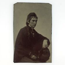 Feather Hat Braid Girl Tintype c1870 Antique 1/6 Plate Young Woman Photo B2850 picture