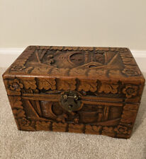 ASIAN VTG HAND CARVED WOOD TRINKET JEWELRY LUCK BOX Hong Kong Camphor 10”x6”x6” picture