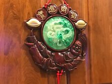 Chinese Red Knot Happy Buddha Wood & Green Faux Jade Wall Hanging Long Tassel picture