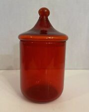 Vintage Mid Century Modern MCM 7.5” Red Orange Glass Apothecary Jar Lidded picture