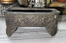 Small antique rectangular Bonsai metal planter w raised bird design footed 5