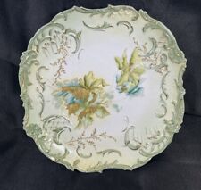 ANTIQUE VINTAGE ROUND SCALLOPED GREEN & RAISED  GOLD FLORAL DRESSER PLATE 10” picture