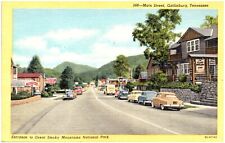 Postcard Main Street Gatlinburg Tenn, Entrance to Smoky Mt.Park, Old Cars, Linen picture