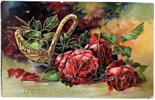 Antique Postcard PMK 1910 Germany BEST WISHES Red Roses in Gold Basket Embossed picture