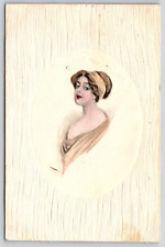 Pretty Woman, Red Lips, Wood Grain Texture, Oval, Antique, Vintage 1913 Postcard picture