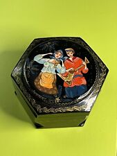VTG Hexagon Hinged SIGNED Russian Lacquer Palekh Trinket Box Musical Fairytale picture