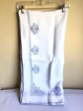 Vintage Blue White Floral Needlepoint Embroidered Border Tablecloth 54
