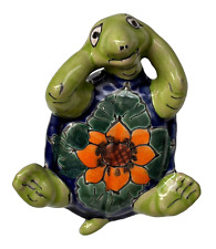 Handmade Ceramic Laid Back Turtle Figurine w/ Flower Pattern Folk Art Home Decor picture
