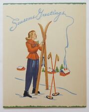 Vtg Christmas Card-LOVELY LADY SKIER IN THE MOUNTAINS picture