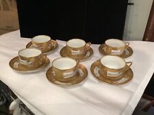 RARE ANTIQUE SET OF (6) HANDPAINTED JEWELED MORIAGE GILT CUPS & SAUCERS NR picture