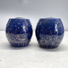 Vintage Pair of Chinese Kangxi Style Powder Blue Gold Gilt Garden Seat Jars picture