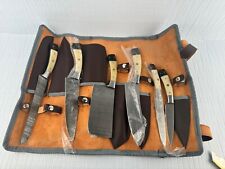 6-Piece Damascus Steel Knife Set Clever & Leather Roll Up Case Bone Style Handle picture