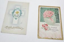2 Antique Easter Greetings Postcards Embossed Chick Floral Cross Roses Egg picture