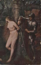 Art Nouveau Knight in armor cutting rope that ties naked woman to a tree Vintage picture