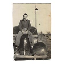 Vintage Snapshot Photo Man Straddling Hood Of Classic Car 1938 Hudson picture