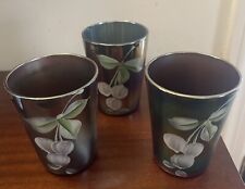 Antique Fenton Enameled Cherries Blue Carnival Glass Tumblers Lot of (3) picture