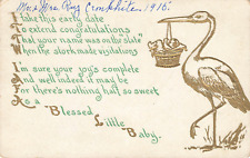 NEW BABY CONGRATULATIONS POEM GREETING POSTCARD STORK BIRD 1915 picture