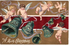 ANTIQUE  CHRISTMAS Postcard       CHERUBS  IN AIR, PULLING RIBBONS TO RING BELLS picture