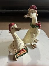 Set of Two White Faux Wood Christmas Ducks Hand Painted picture