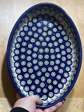 Vintage Boleslawiec Polish Pottery Oval Baking Dish Blue Peacock Eye Pattern picture